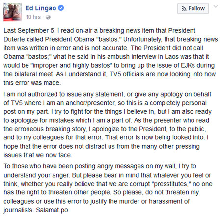 Last September 5, I read on-air a breaking news item that President Duterte called President Obama