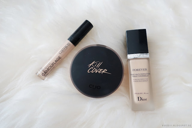 Catrice Liquid Camouflage High Coverage Concealer 020 Light Beige, CLIO Kill Cover Liquid Founwear Cushion 3 Linen, DIOR Forever Flawless Perfection Foundation 011