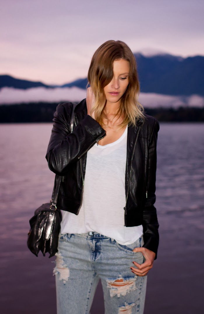 Vancouver Fashion Blogger, Alison Hutchinson, wearing a Forever 21 leather jacket, One Teaspoon Spaceboy Baggies, ATM sleeveless tee, Zara black suede pumps, and a silver Botkier Valentina bag.