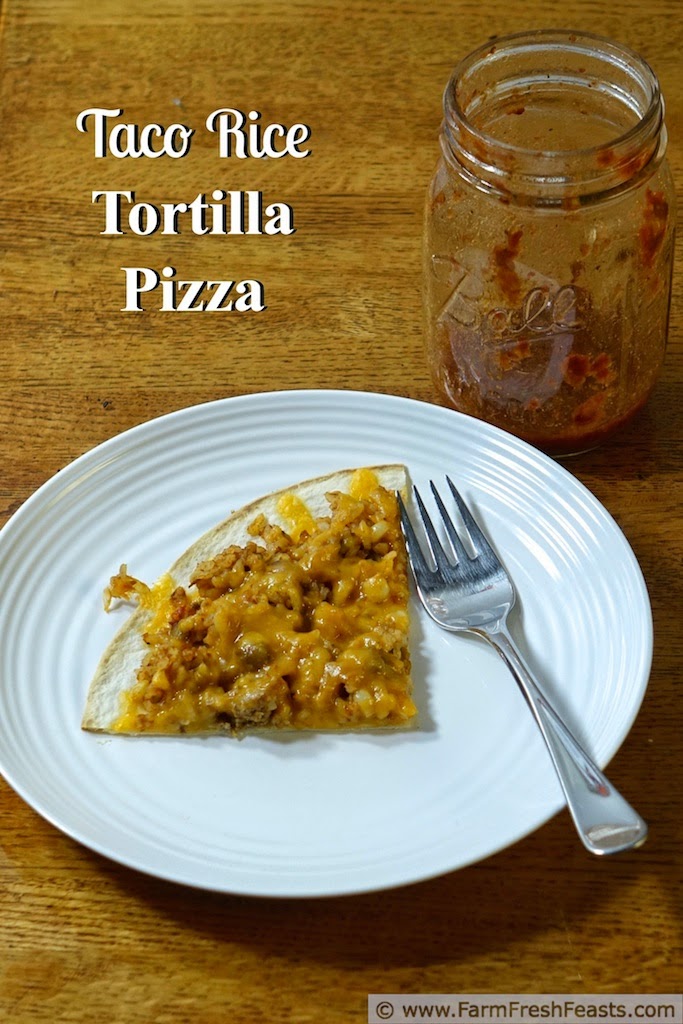 A easy and fast pizza for a family Pizza Night--combining leftover taco meat with vegetables and grains on a tortilla pizza covered with cheese.