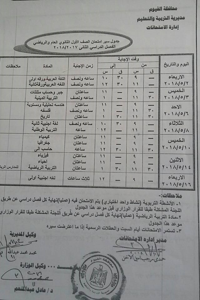 جداول امتحانات محافظة الفيوم الترم الثاني 2018 0%2B%252812%2529