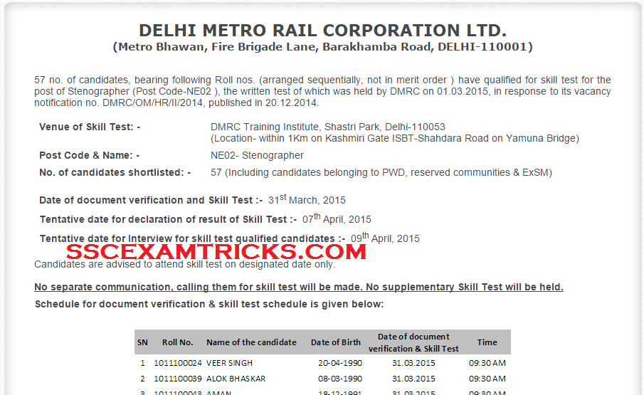 DMRC STENOGRAPHER RESULT 2015