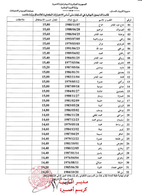 نتائج مقتصد و نائب مقتصد 2016 مديرية التربية لولاية تلمسان