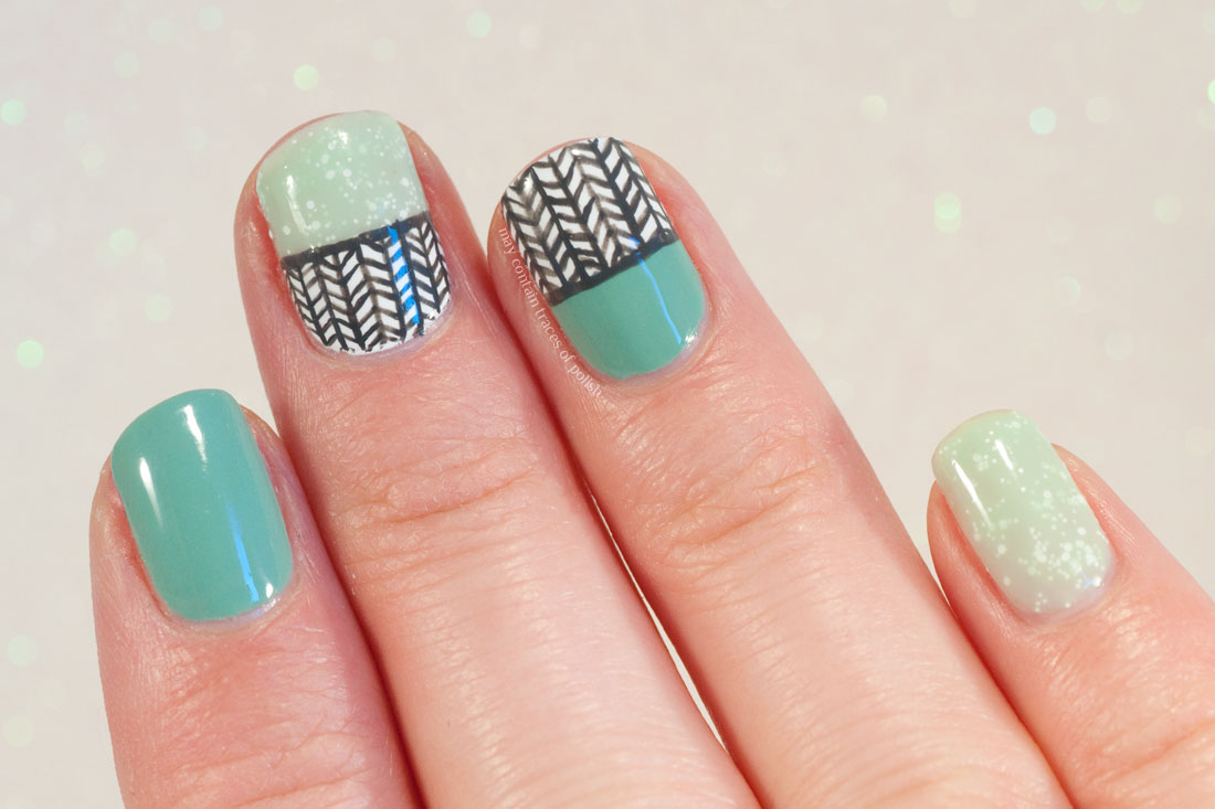 Green Fish Bone Pattern Nails with OPI Mermaid's tears and pa AA108
