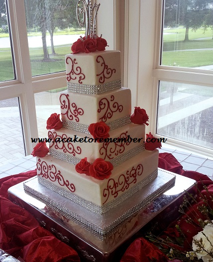 Red Roses And Bling Cake This Ercream Wedding Cake Had Red Gumpaste Roses And Silver Bling Wrap Around The Base Of Tiers Pattern Was Piped On In