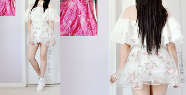 Twist X Turn Fashion Review: Monochrome Minimalist Tops Details on the white sheer mesh paneled collared off-shoulder ruffled top from Twist X Turn, paired with a Liz Lisa-style flared floral skater skirt.