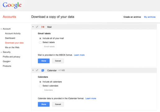 Google cho phép người dùng tải về bản sao dữ liệu từ Gmail và Calendar