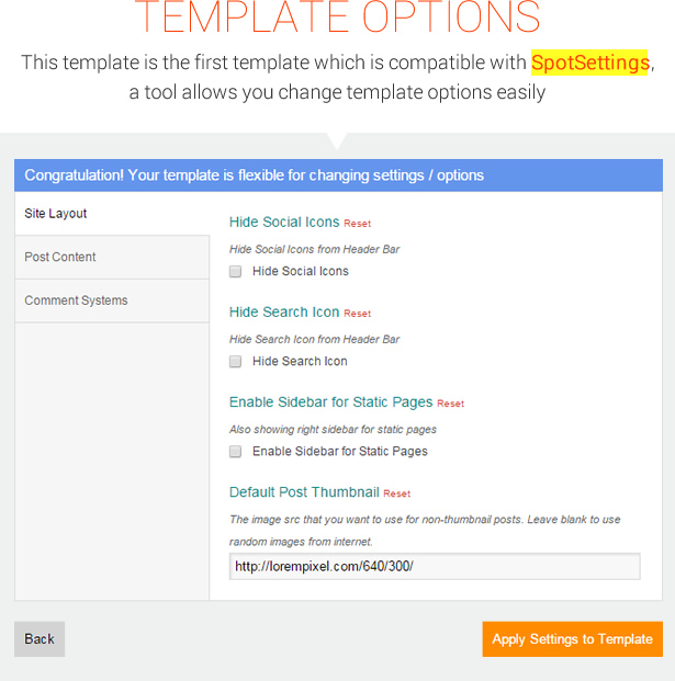 MagOne - Ultimate Blogger Magazine Template Template Option SpotSettings