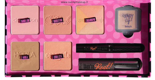 Benefit - Real Cheeky Party Kit. Blush: Dandelion, Rockateur, Sugarbomb, Coralista. Terra: Hoola. Illuminante: Watt's Up!. Mascara: They're Real. Eyeliner: They're Real! Push Up Liner.
