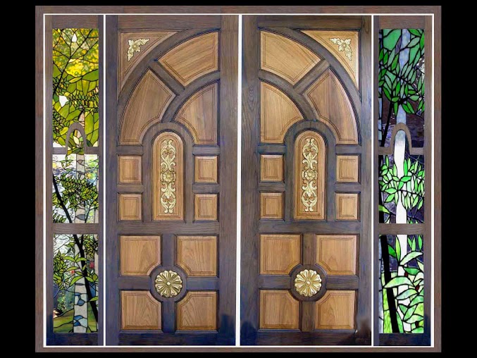 kerala style wooden Main door glass painted side window designs Wood