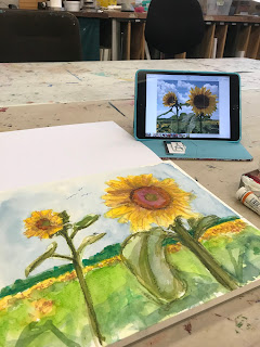 sunny faces watercolor by Marion Corbin-Mayer colorful sunflowers watercolor