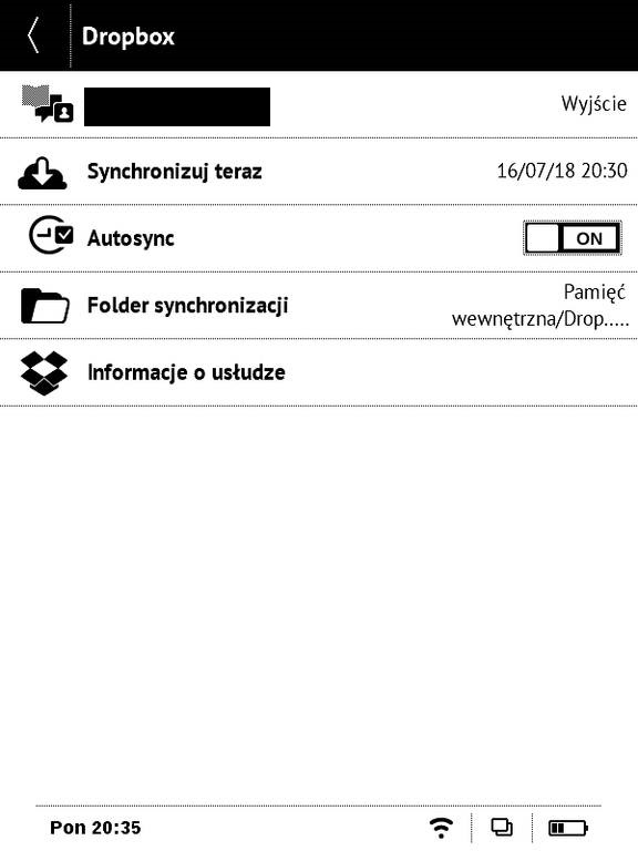 PocketBook Basic Touch 2 Save & Safe – ustawienia usługi Dropbox