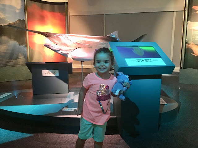 Toddler hugging her stuffed animal stands smiling in front of a large fish 