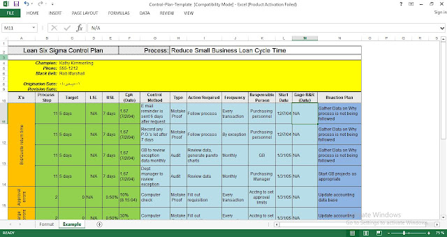 Six Sigma Control Plan Excel Template