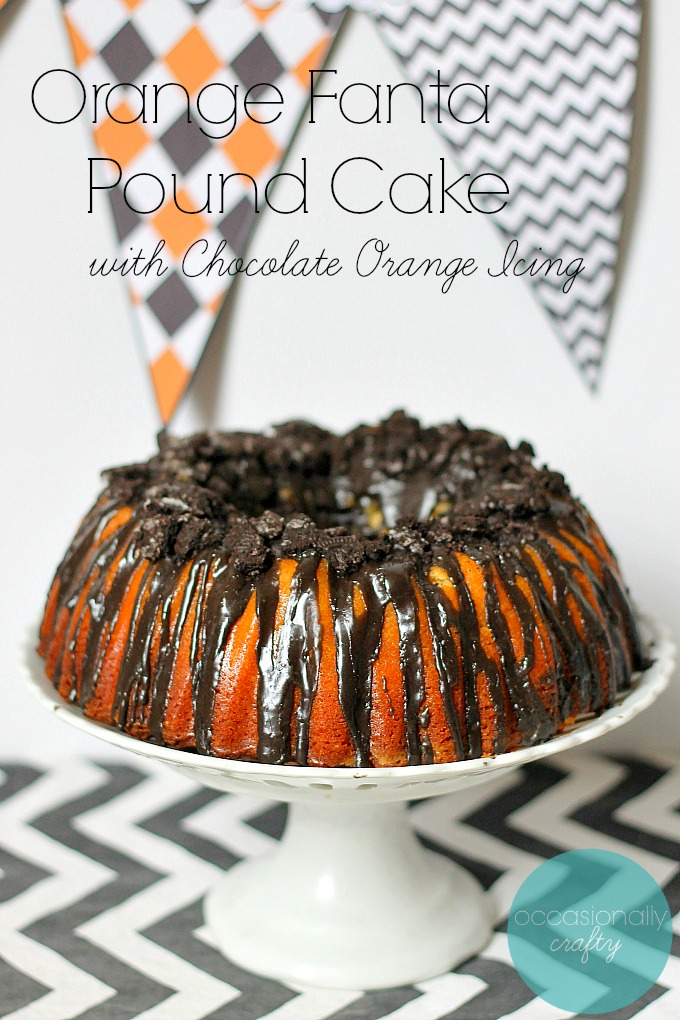 Delicious pound cake recipe made with orange soda and drizzled with chocolate-orange icing, topped with OREO crumbles.  This dessert is perfect for Halloween or for any occasion!