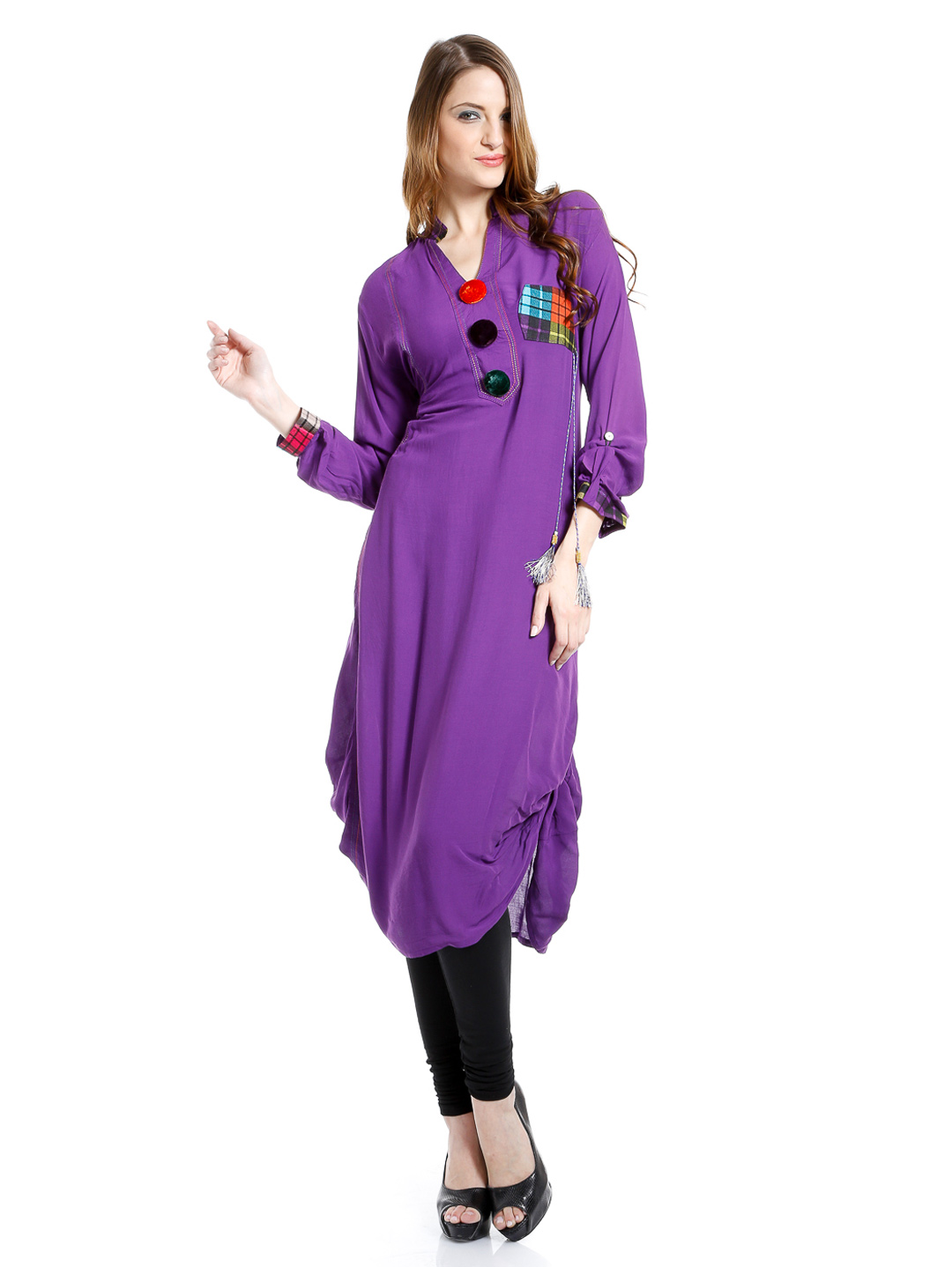 Pocket Style Long Shirts Folding Long Kameez with Churidaar Trouser