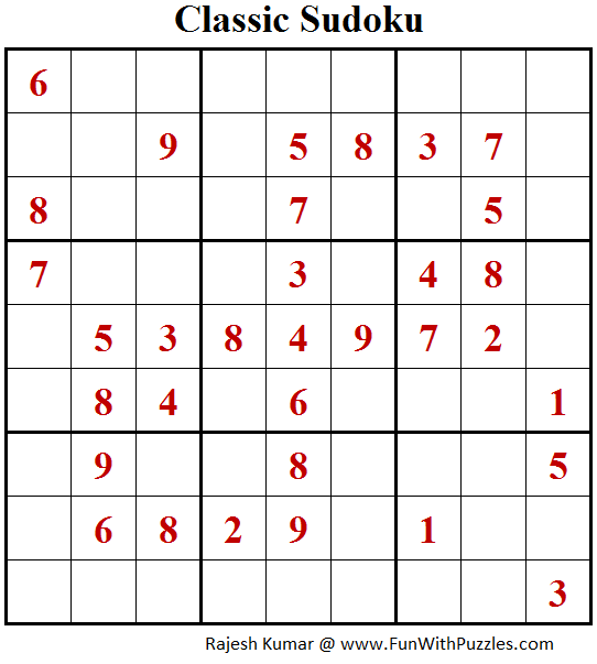 Classic Sudoku Puzzle (Fun With Sudoku #204)