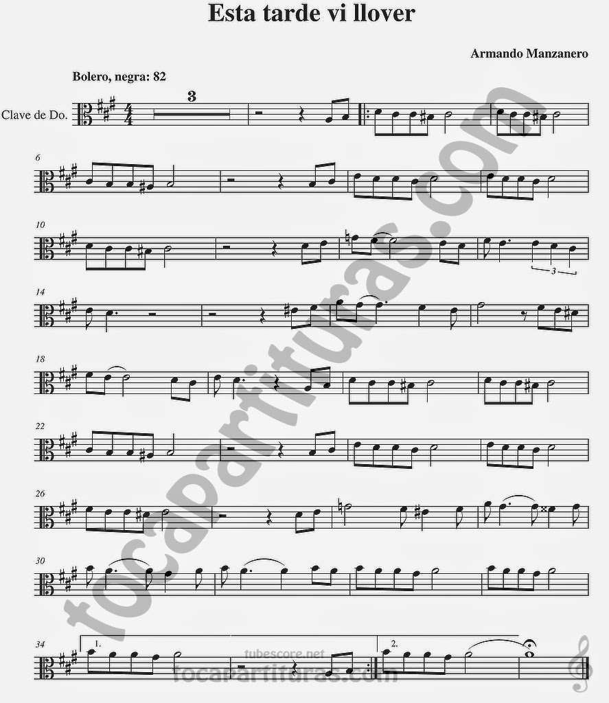 Esta tarde vi llover Partituras  en Clave de  Do para Viola y otros instrumentos en Clave de Do en 3º Línea… Bolero Sheet Music for viola
