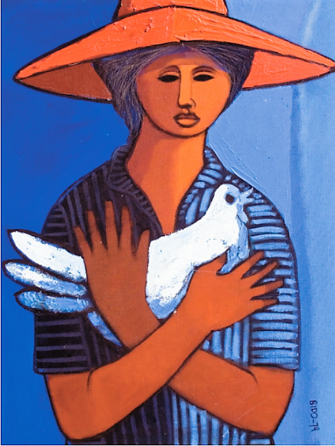 Candido Bido - Woman with a dove, acrylic on canvas, 1979