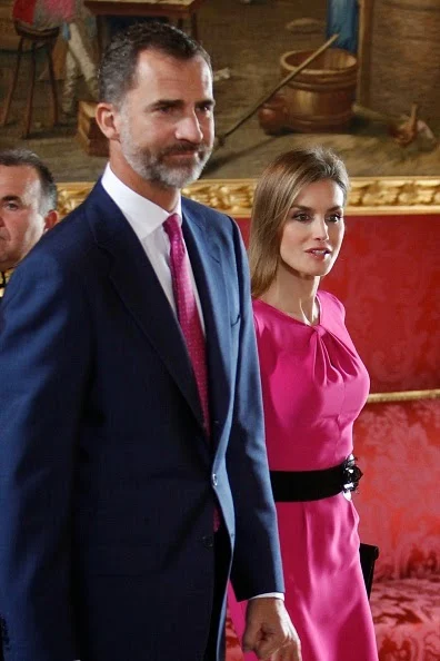 King Felipe VI of Spain and Queen Letizia of Spain receive President of Honduras Juan Orlando Hernandez Alvarado and wife Ana Rosalinda Garcia at the Royal Palace on 01.10.2014 in Madrid, Spain