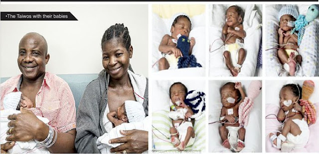 Image result for Nigerian couple, Ajibola and Adeboye Taiwo who welcomed a set of sextuplets in the United States after 17 years of marriage