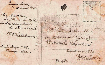 Postal enviada por Tartakower a Ángel Ribera en 1931