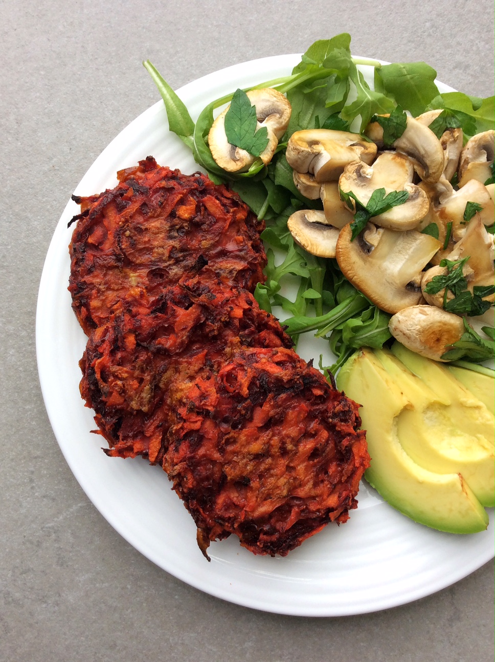 Beetroot & Carrot Fritters with Garlic Mushroom Salad