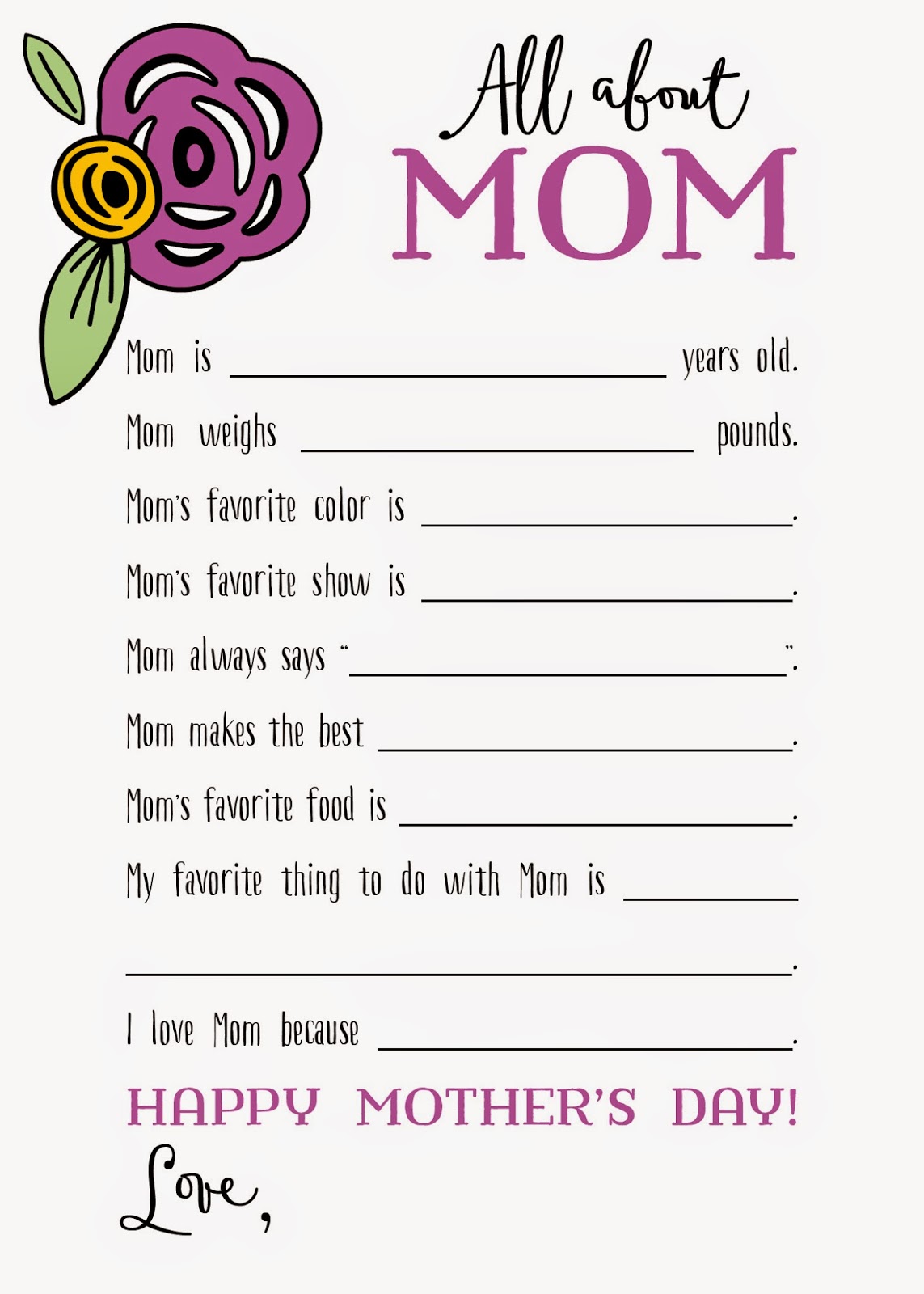 Free Printable All About Mom