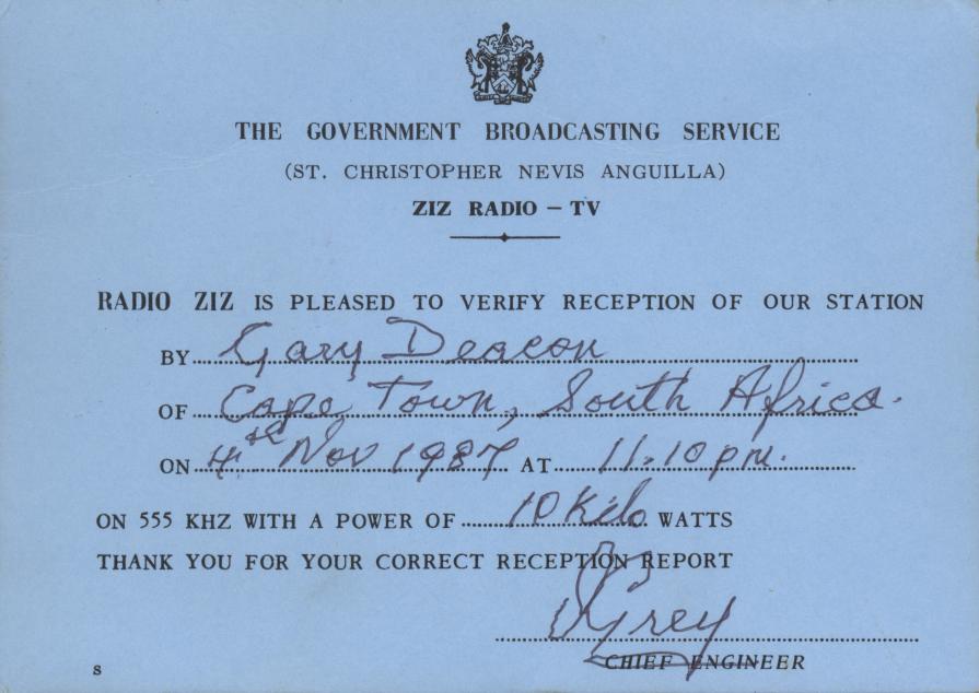 Cape Dx - Gary Deacon: St Kitts Radio ZIZ 555 kHz QSL