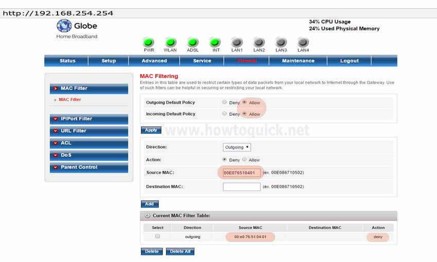 prolink adsl router mac filtering