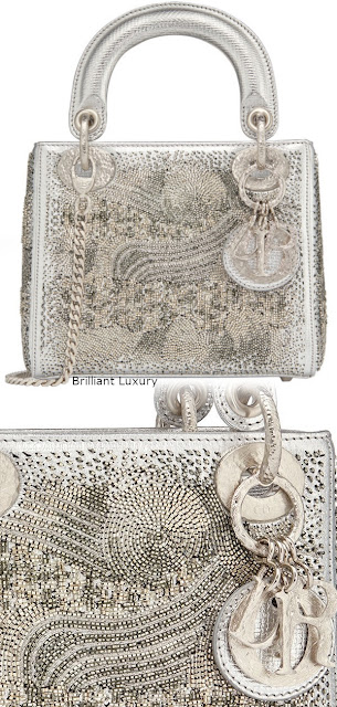 ♦Lady Dior bag, silver color textured goatskin embroidered with metallized tubes-hand-hammered silver tone metal charms, designer Olga De Amaral