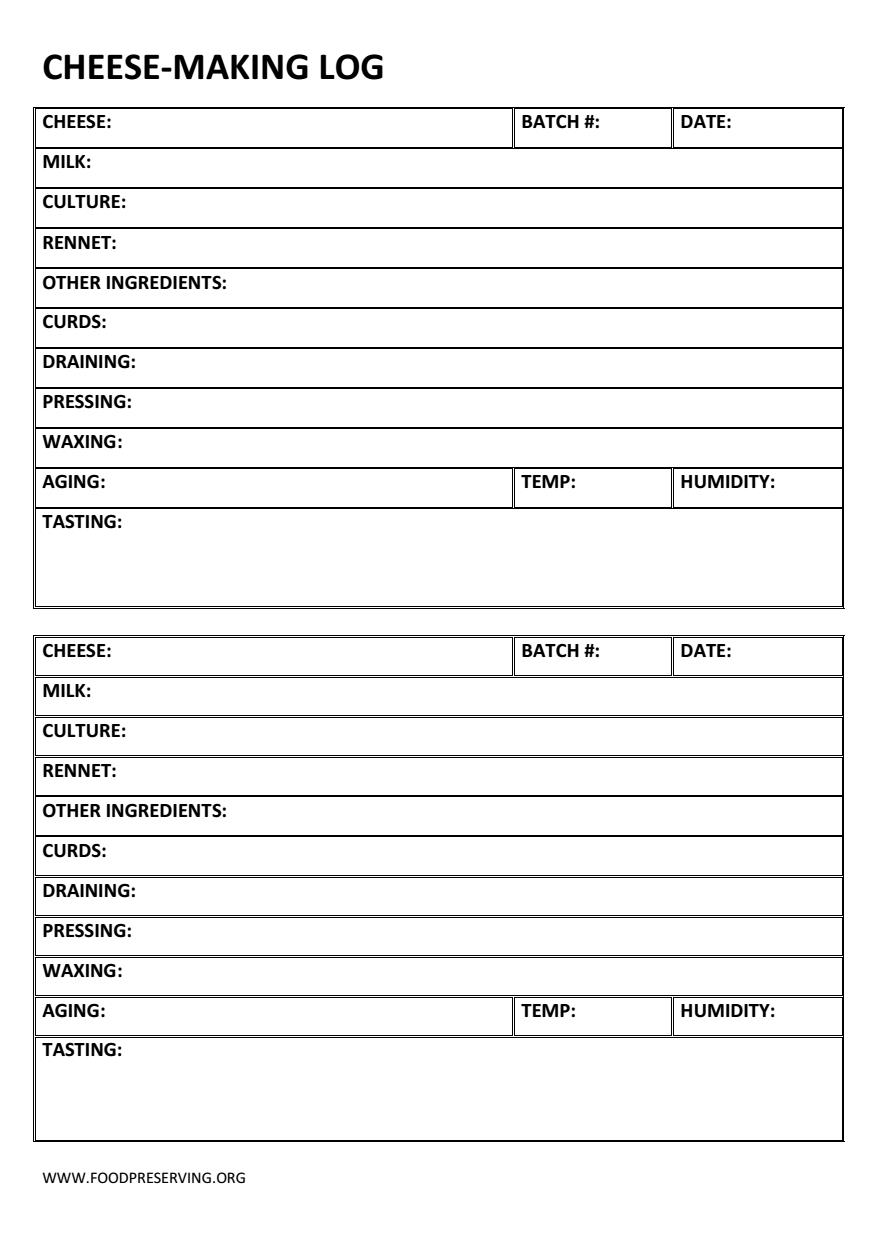 FOOD PRESERVING CHEESEMAKING CHARTS & LOGS