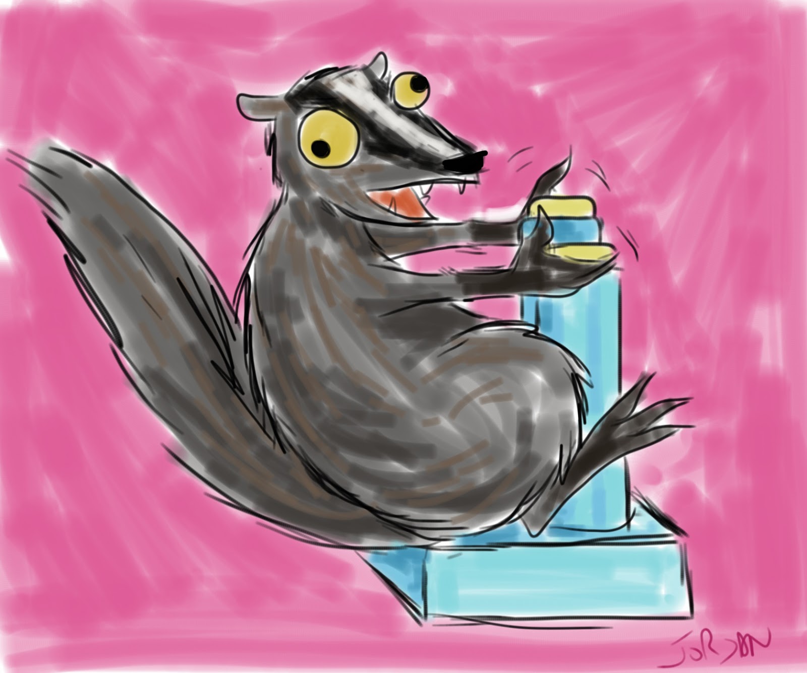 Drawing of badger playing with robot controls. GIRL, CRAFTED blog.