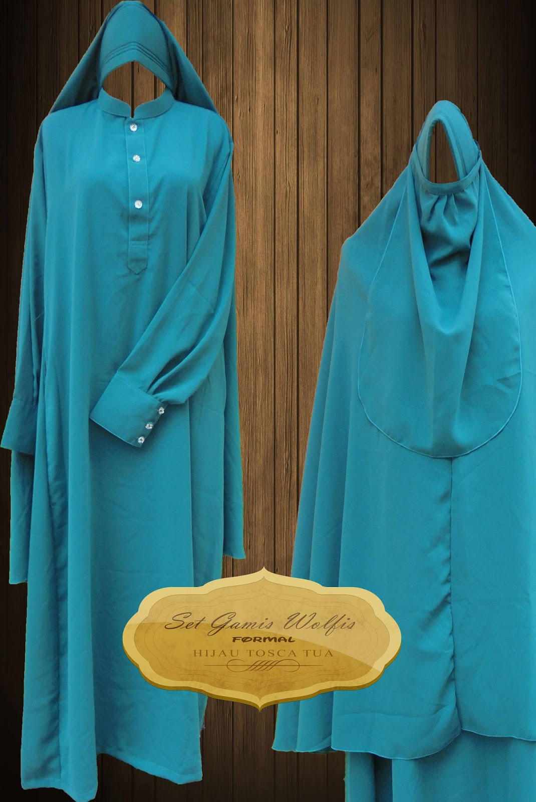 RUMAH BELANJA MUSLIM: Gamis Wolfis Formal Satu Set Hijau Tosca Tua