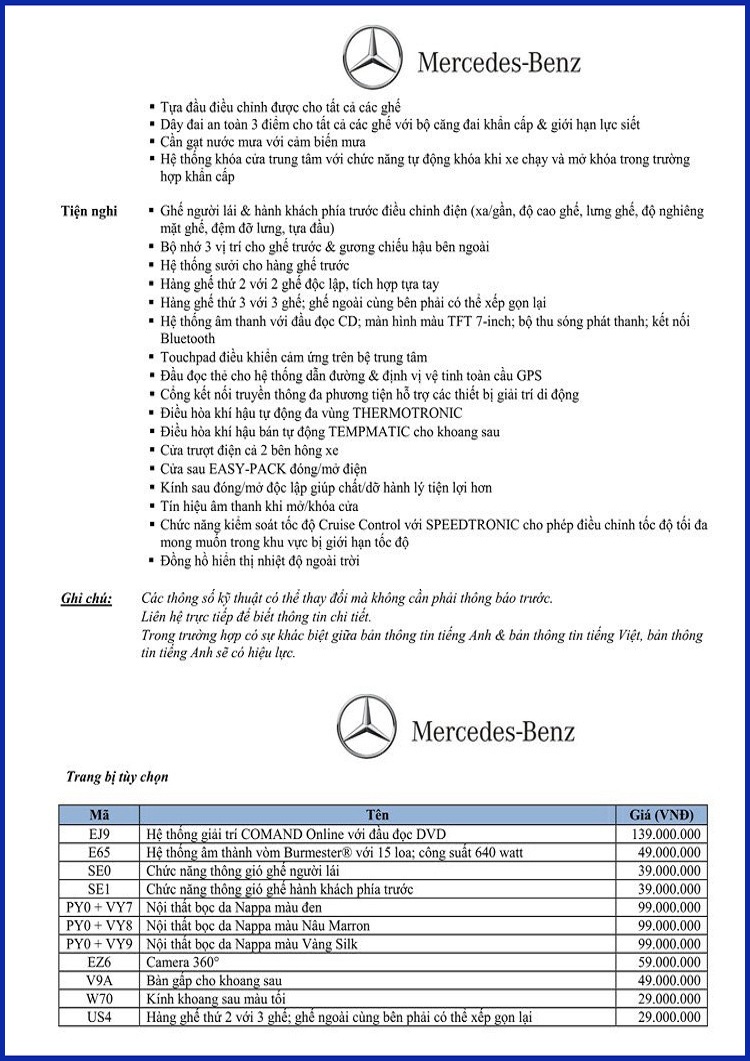 Bảng thông số kỹ thuật Mercedes V220 d Avantgarde 2017 tại Mercedes Trường Chinh