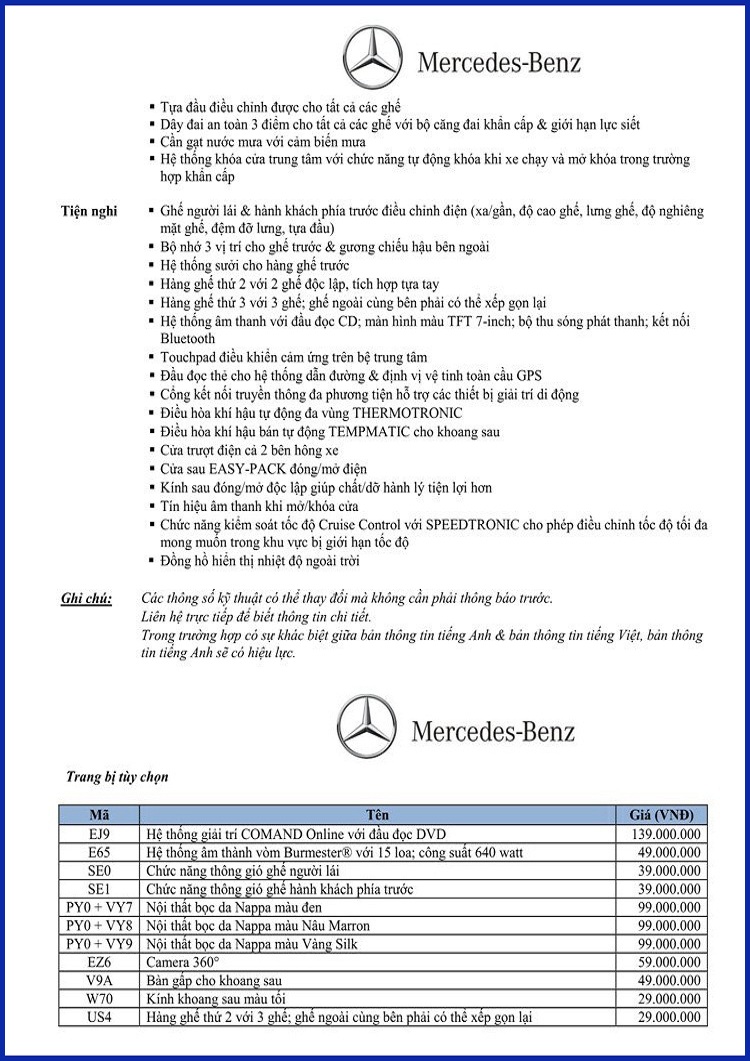 Bảng thông số kỹ thuật Mercedes V220 d Avantgarde 2019 Bảng thông số kỹ thuật Mercedes V220 d Avantgarde 2019 tại Mercedes Trường Chinh