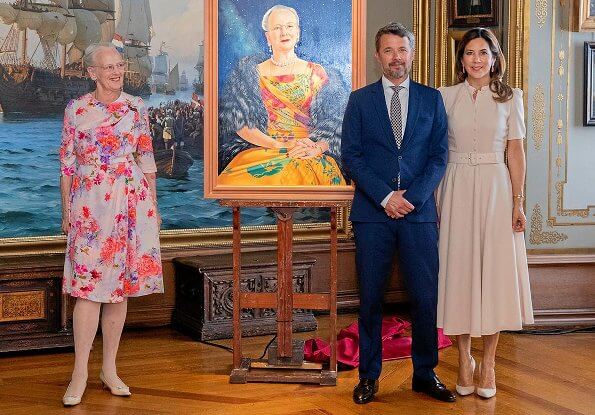 Crown Princess Mary wore a new puff-sleeve belted wool dress by Beulah London. Beulah Ahana midi dress. Queen Margrethe and Crown Prince Frederik