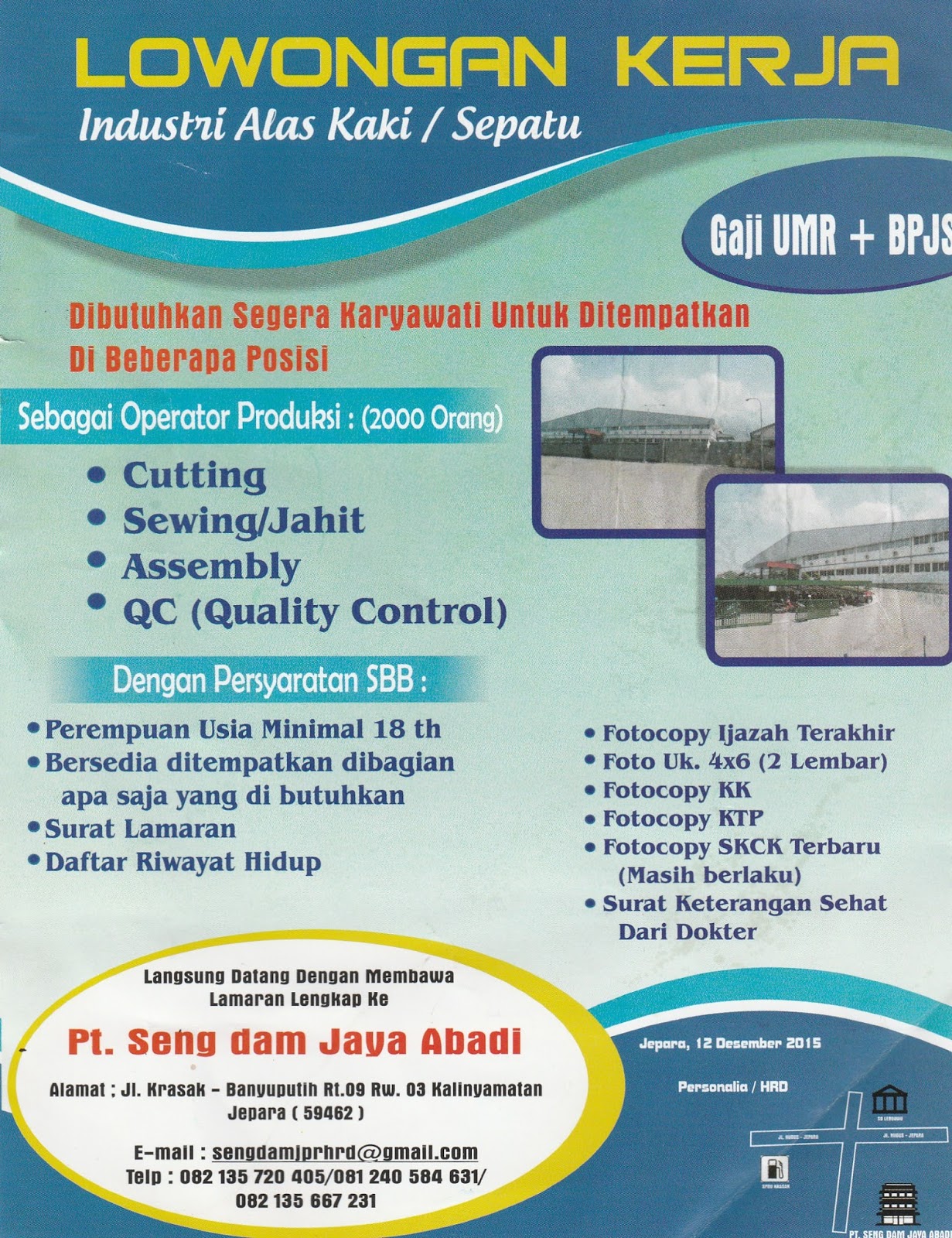 Lowongan Kerja PT. SENGDAM JAYA ABADI JEPARA