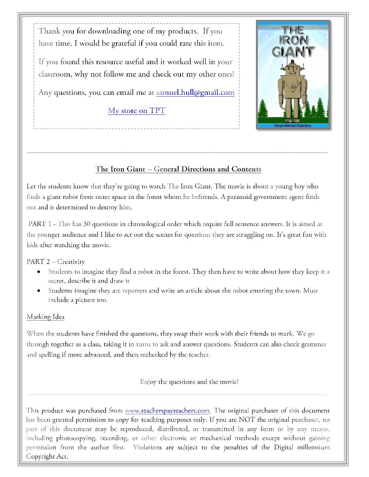 The Iron Giant Movie Guide + Activities Answer Key Inc (Color + Black