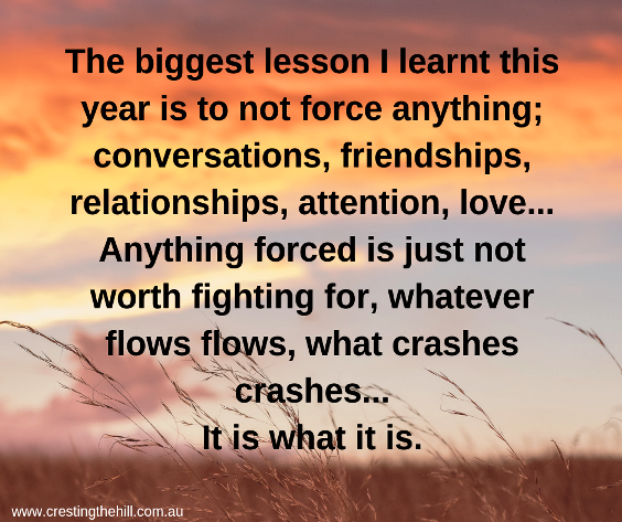 the biggest lesson i learnt this year is to not force anything; conversations, friendships, relationships, attention, love.. anything forced is just not worth fighting for, whatever flows flows, what crashes crashes.. it is what it is