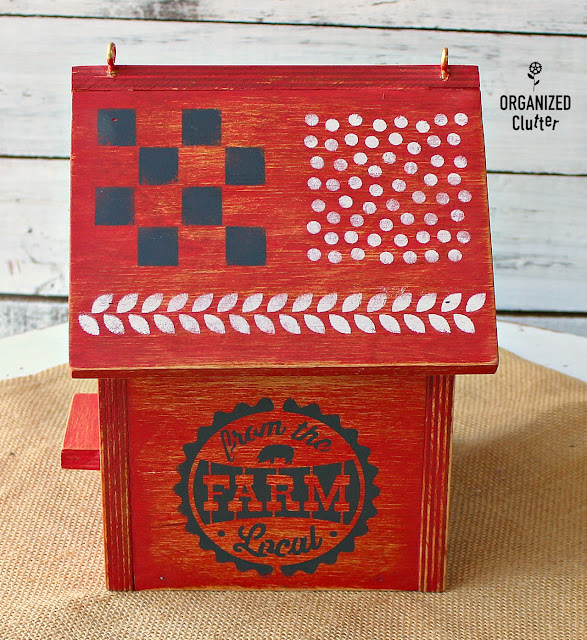 Farm Style Birdhouse With Red Milk Paint & Stencil Smorgasbord #stencil #farmhousestyle #birdhouse #milkpaint #fortyorkred