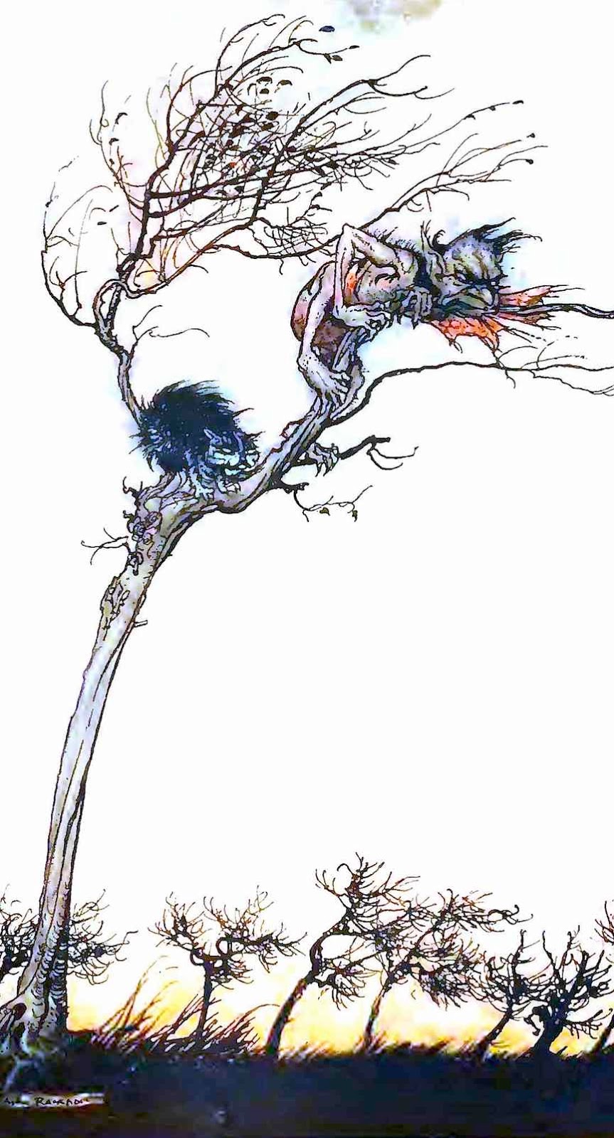 Arthur Rackham an Arthur Rackham color illustration of a demon and a cat in a tree