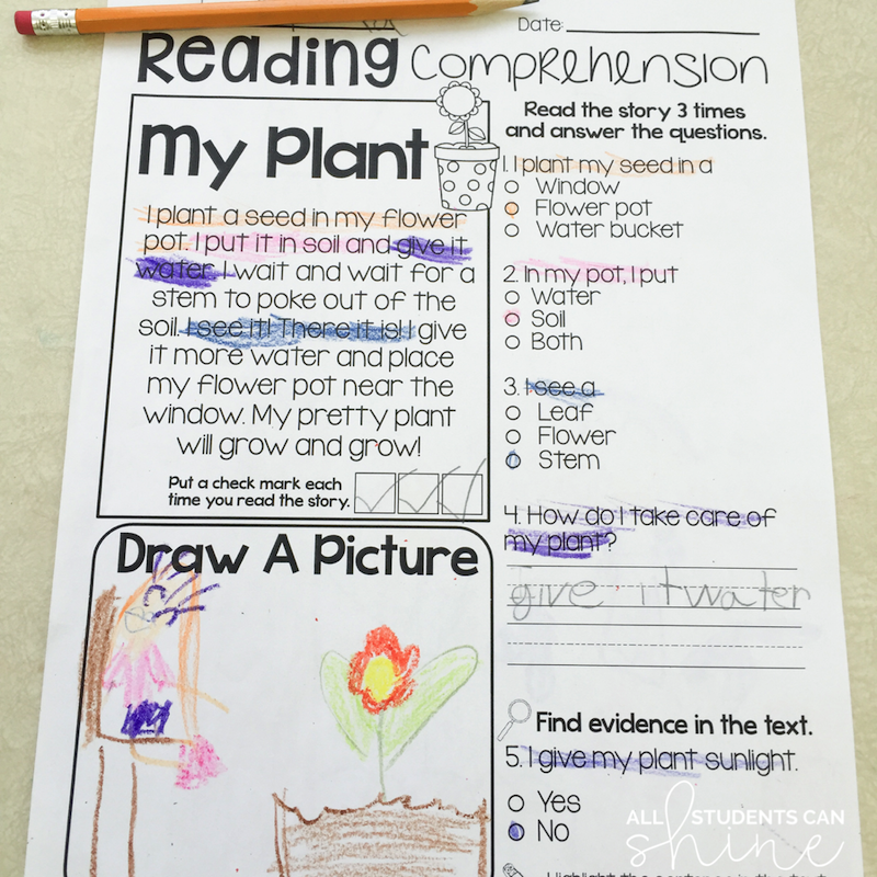 plants reading comprehension plants reading passages grade one