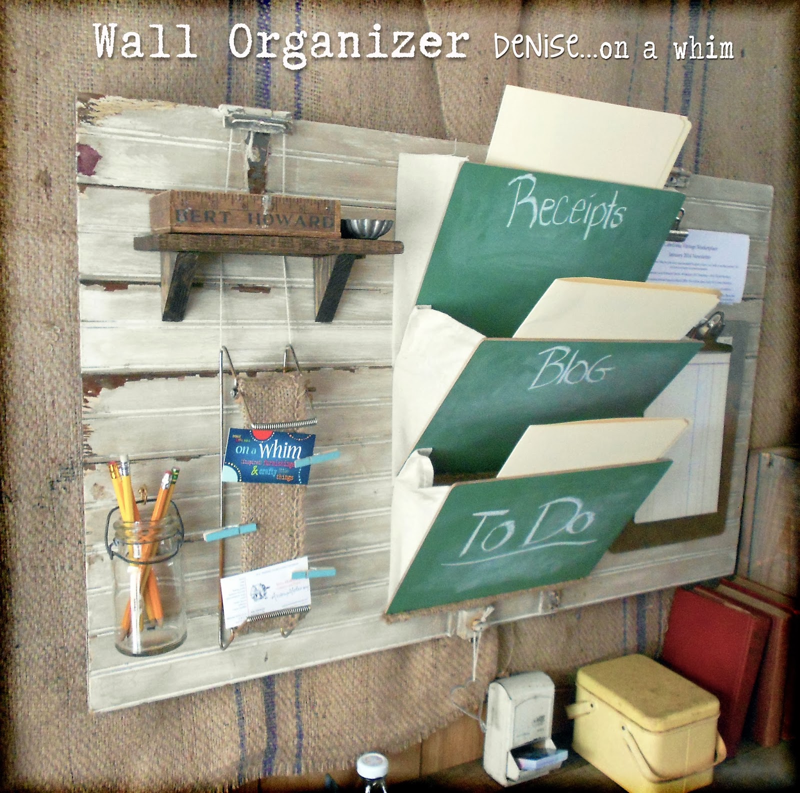 Wall Organizer Made from Junk and Thrifty Finds via http://deniseonawhim.blogspot.com