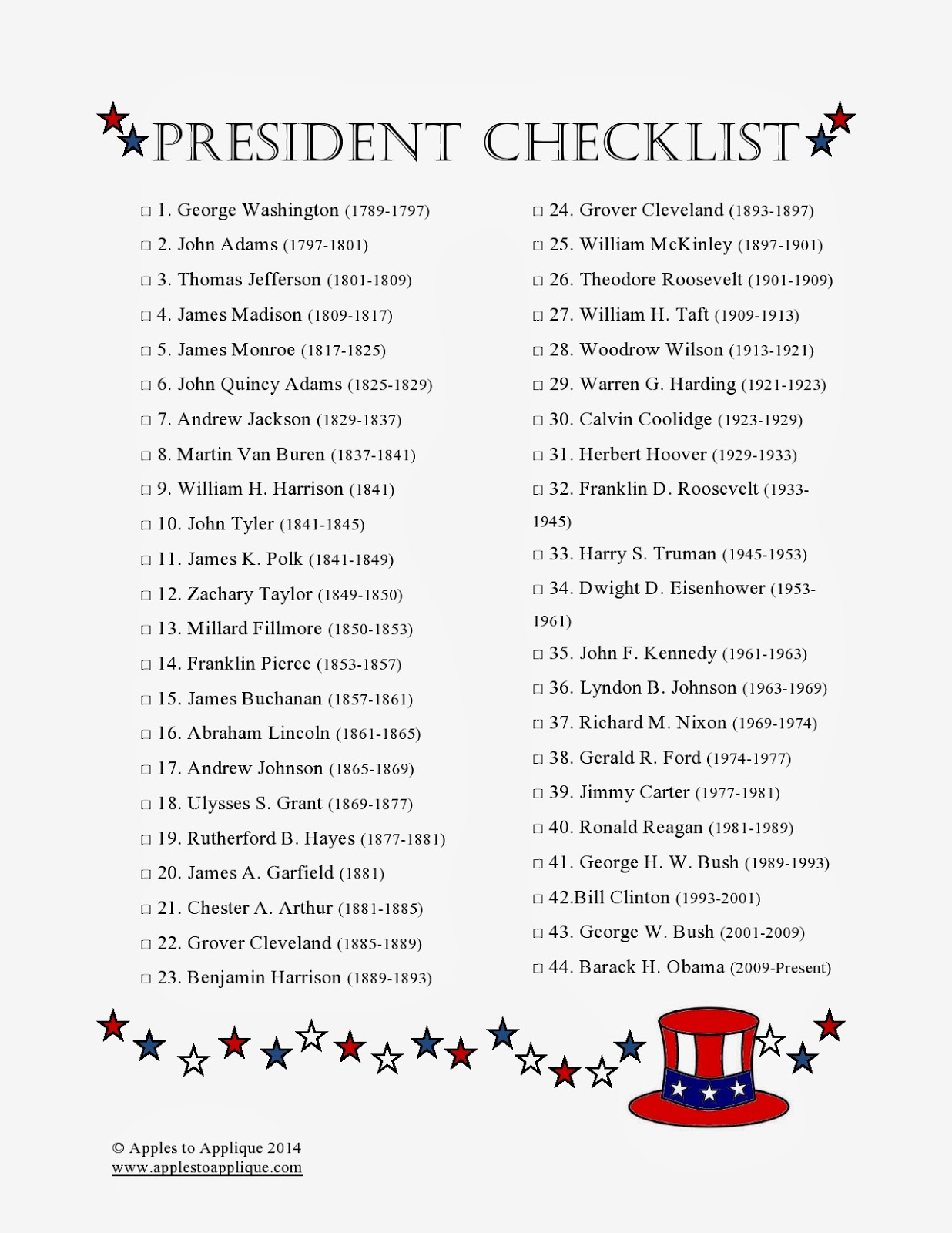 Printable List Of Presidents In Order