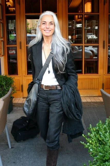 image result for stunning midlife woman grey hair pinstripes