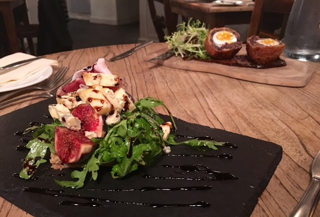 A starter of fig and gorgonzola at The Maytime Inn, Cotswolds