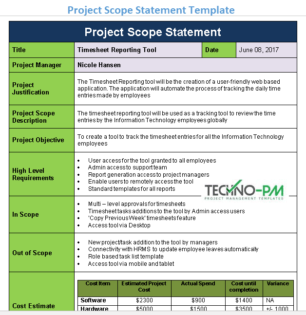 project scope statement template download now free project scope template