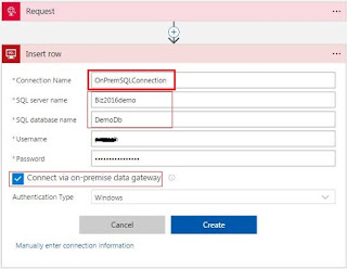 SQL Connector Actions Insert row