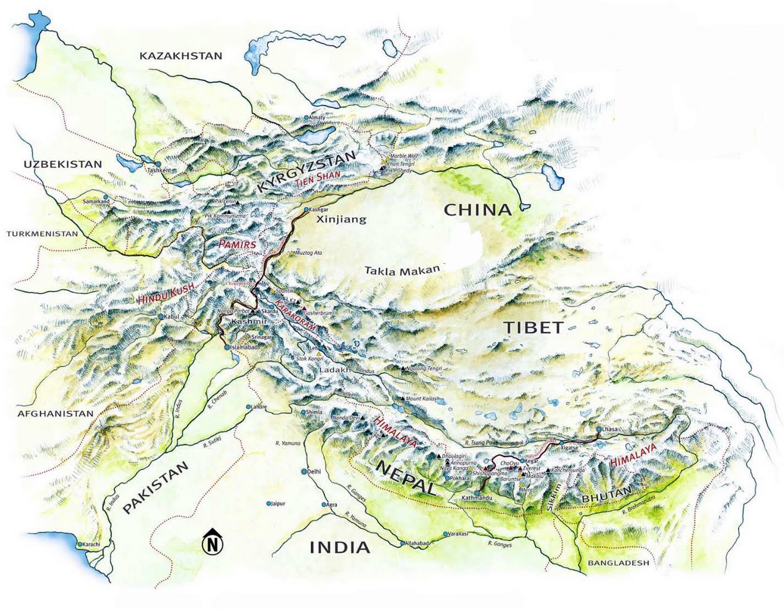 Каракорум где находится на карте. Памир Тянь Шань Гималаи на карте. Горы Памир на карте.